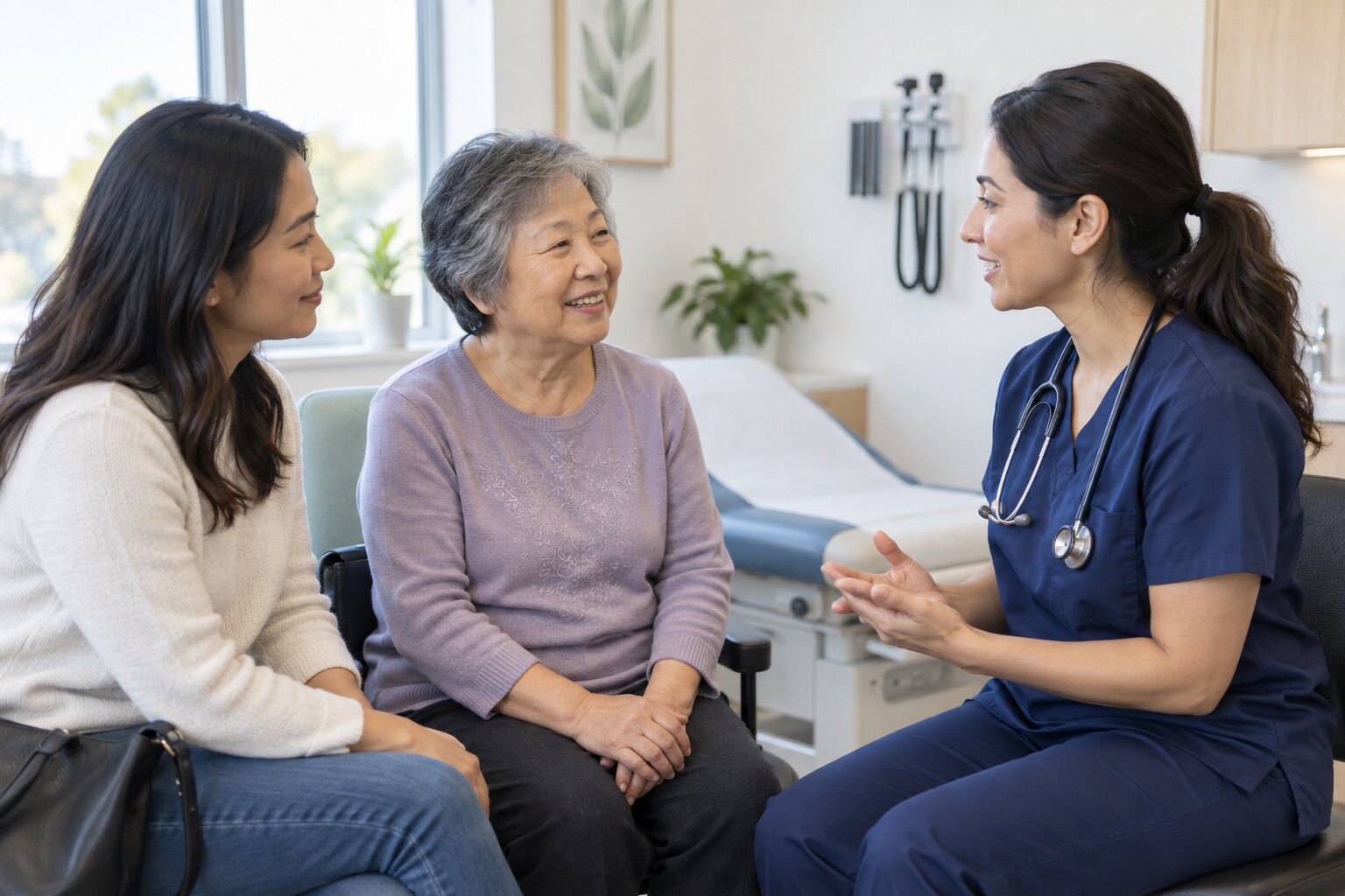A Chinese Canadian family speaking with a healthcare professional